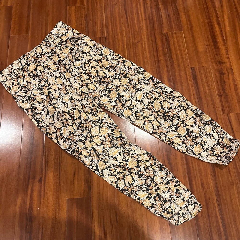 Anthropologie Floral‎ Jogger Pants Viscose Black Tan Flowy Casual Zip Leg Size 6